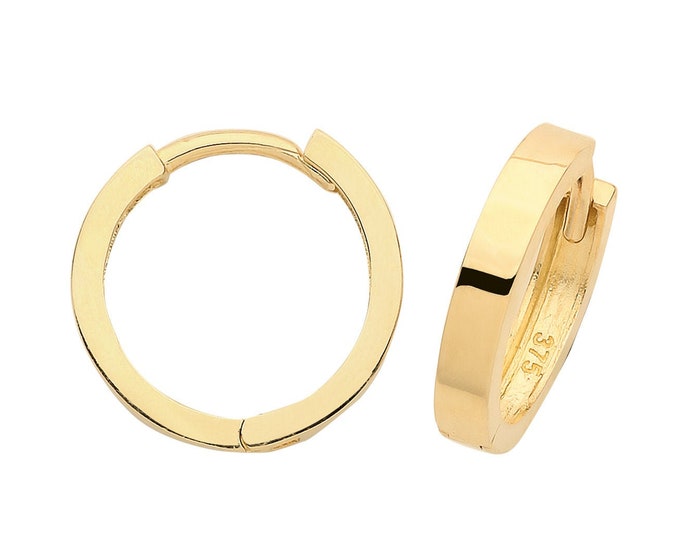 9ct Yellow Gold 12mm Diameter Hinged Flat Tube Hoop Earrings - Real 9K Gold