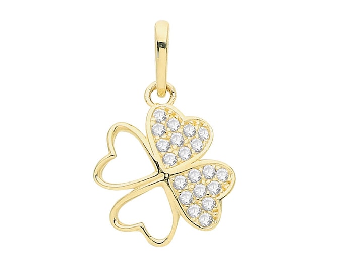 9ct Yellow Gold 10mm Pave Cz Heart Lucky 4 Leaf Clover Charm Pendant - Real 9K Gold