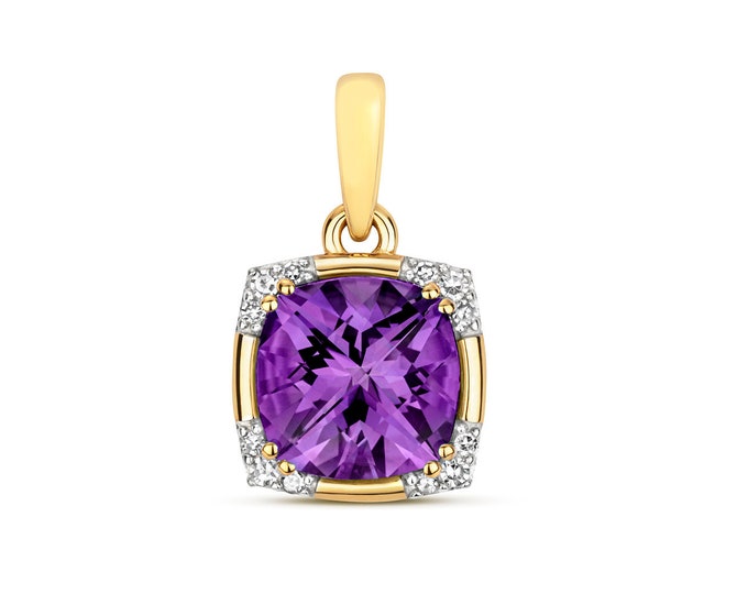 9K Gold Diamond & Purple Amethyst Cushion Cut Art Deco Design Pendant