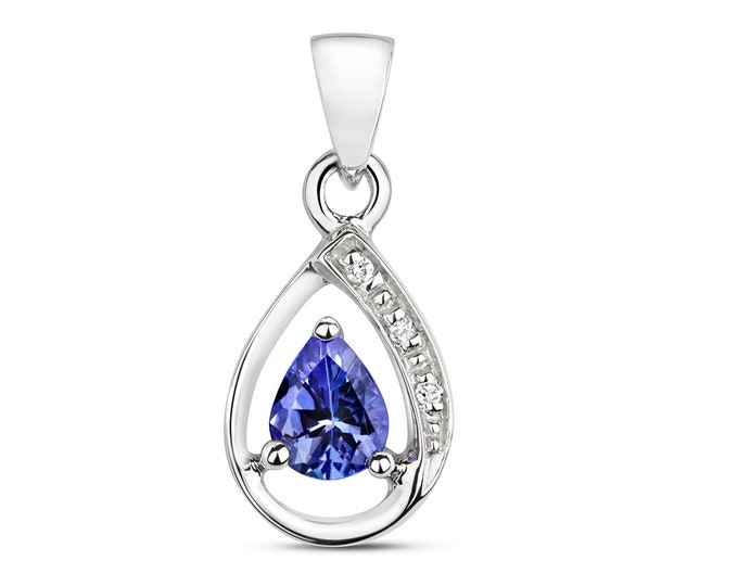 9ct White Gold & Diamond 8x6mm Pear Cut Aquamarine Gemstone Halo Pendant - Real 9K Gold