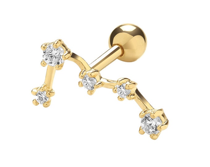 9K Gold Interstellar Constellation Cz Stars Cartilage 6mm Bar Screw Back Single Stud Earring - Real 9K Gold