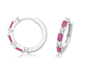 925 Sterling Silver 12mm Channel Set Ruby Red Baguette Cz Hinged Huggies Hoop Earrings Rhodium Plated