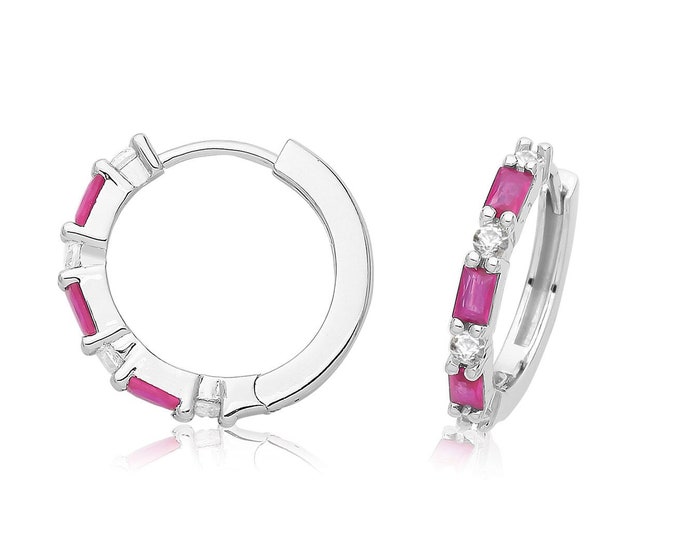 925 Sterling Silver 12mm Channel Set Ruby Red Baguette Cz Hinged Huggies Hoop Earrings Rhodium Plated