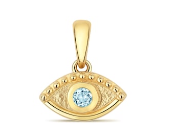 9ct Yellow Gold Aquamarine Gemstone Evil Eye Charm Pendant - Real 9K Gold