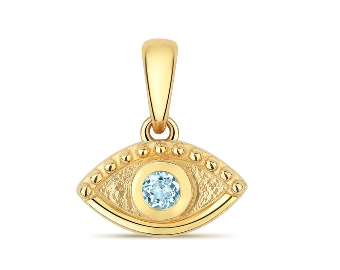 9ct Yellow Gold Aquamarine Gemstone Evil Eye Charm Pendant - Real 9K Gold