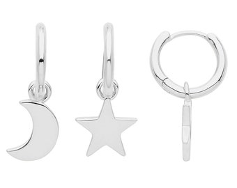 925 Sterling Silver 14mm Hinged Hoop Earrings With Moon & Star Drop Charm Rhodium Plated