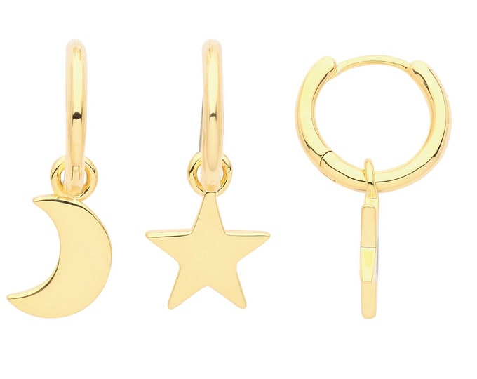 Pair of Gold Plated Silver 14mm Hinged Hoop Earrings With Crescent Moon & Star Drop Charm