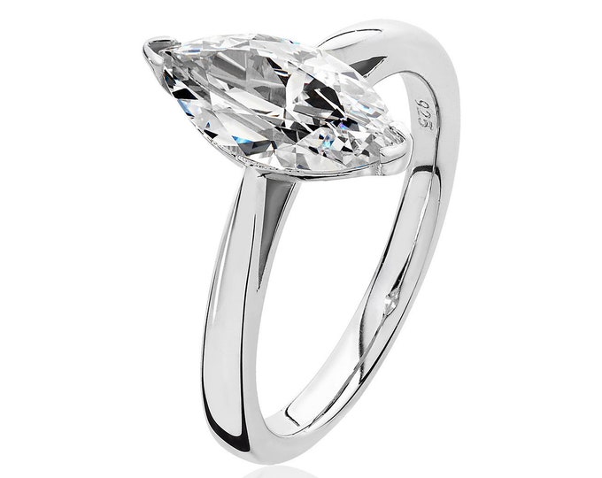 Rhodium Plated 925 Sterling Silver 12x6mm Solitaire Marquise Cz Engagement Ring