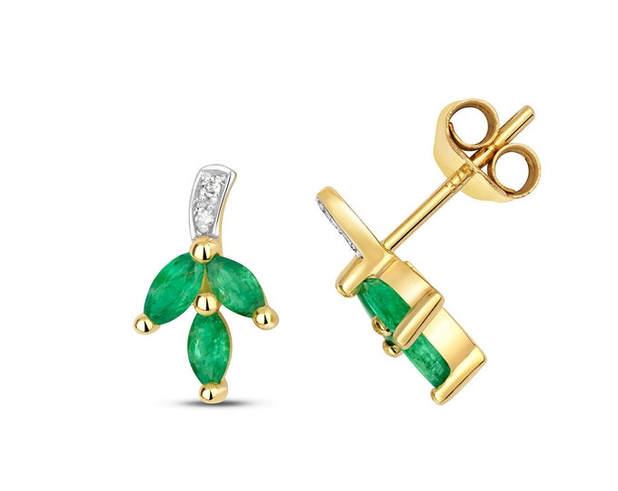 9ct Gold Diamond & Marquise Cut 10x5mm Emerald Leaf Stud Earrings - Real 9K Gold