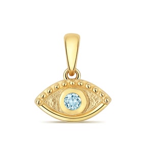 9ct Yellow Gold Aquamarine Gemstone Evil Eye Charm Pendant - Real 9K Gold