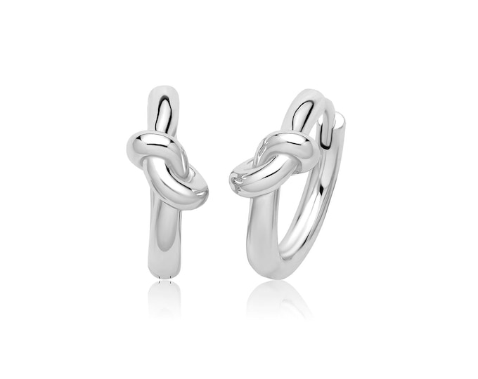 925 Silver 13mm Diameter Knot Huggie Hoop Earrings Rhodium Plated
