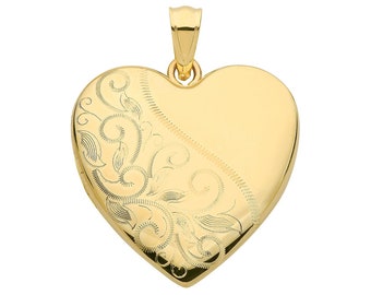 9ct Yellow Gold 24mm Half Engraved 2 Photo Heart Shaped Locket Hallmarked - Real 9K Gold