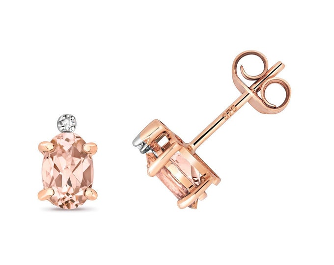 9ct Rose Gold Diamond & Oval Cut 5x4mm 0.15ct Light Pink Morganite Stud Earrings - Real 9K Gold