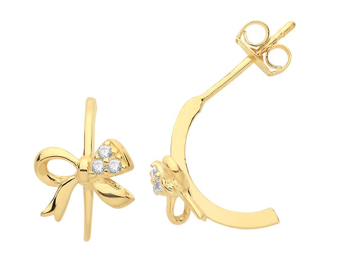 9ct Yellow Gold Half Hoop Cz Ribbon Bow Stud Earrings- Real 9K Gold