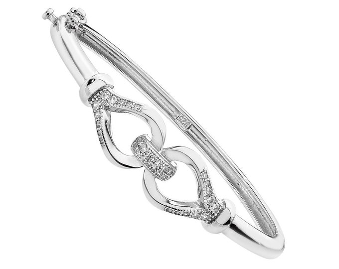 Ladies 925 Sterling Silver Cz Oval Bow Knot Hinged Bangle Hallmarked