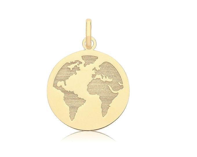 9ct Yellow Gold 12mm Diameter Engraved World Map Circle Disc Pendant - Real 9K Gold