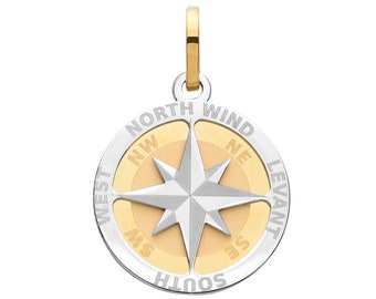 9K 2 Colour Gold 2cm Diameter Compass Rose Design Pendant Hallmarked