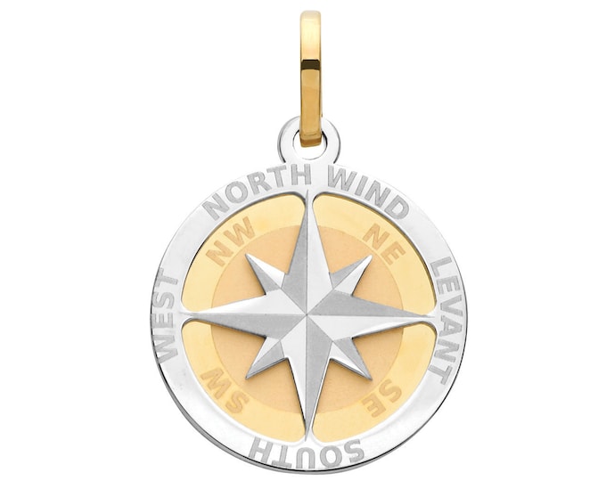 9K 2 Colour Gold 2cm Diameter Compass Rose Design Pendant Hallmarked
