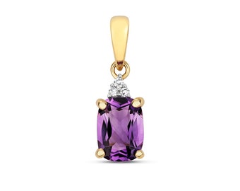 9K Gold 0.02ct Diamond & 6x4mm Cushion Cut Purple Amethyst Pendant