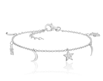 925 Sterling Silver Pave Cz Star & Moon 7" Charm Bracelet Rhodium Plated