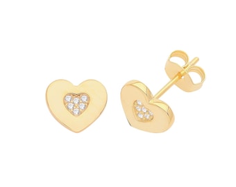 925 Sterling Silver 7mm Pave Cz Heart Stud Earrings Gold Plated