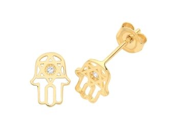 9ct Yellow Gold Cz Star Hamsa Hand Stud Earrings - Real 9K Gold