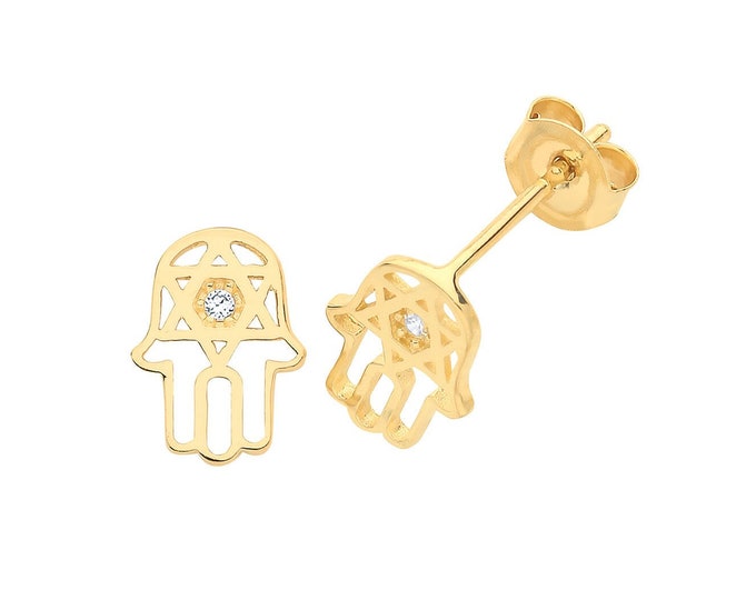9ct Yellow Gold Cz Star Hamsa Hand Stud Earrings - Real 9K Gold