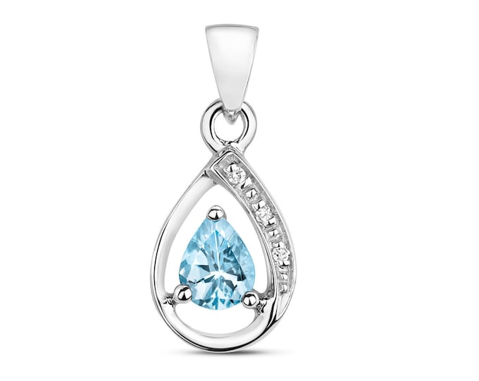 9ct White Gold & Diamond 8x6mm Pear Cut Aquamarine Gemstone Halo Pendant - Real 9K Gold