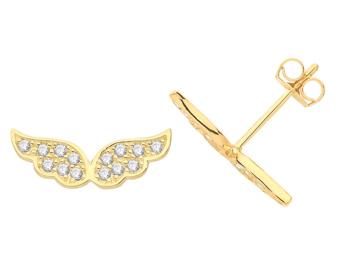 9ct Yellow Gold Wings Stud Earrings Pave Set With Cz Stones 12x4mm- Real 9K Gold