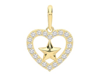 9ct Yellow Gold 12mm Heart & Star Pave Cz Surround Charm Pendant - Real 9K Gold