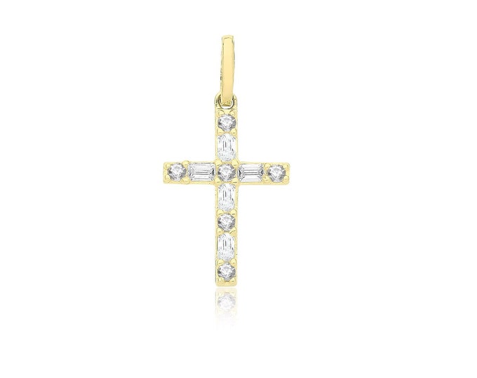 Small 9ct Yellow Gold 15x8mm Cross Charm Pendant With Baguette & Round Cz Stones - Real 9K Gold