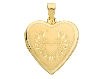 9ct Yellow Gold 20mm Guardian Angel Wings 2 Photo Heart Shaped Locket Hallmarked - Real 9K Gold