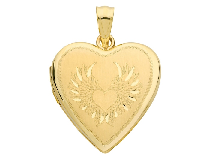 9ct Yellow Gold 20mm Guardian Angel Wings 2 Photo Heart Shaped Locket Hallmarked - Real 9K Gold