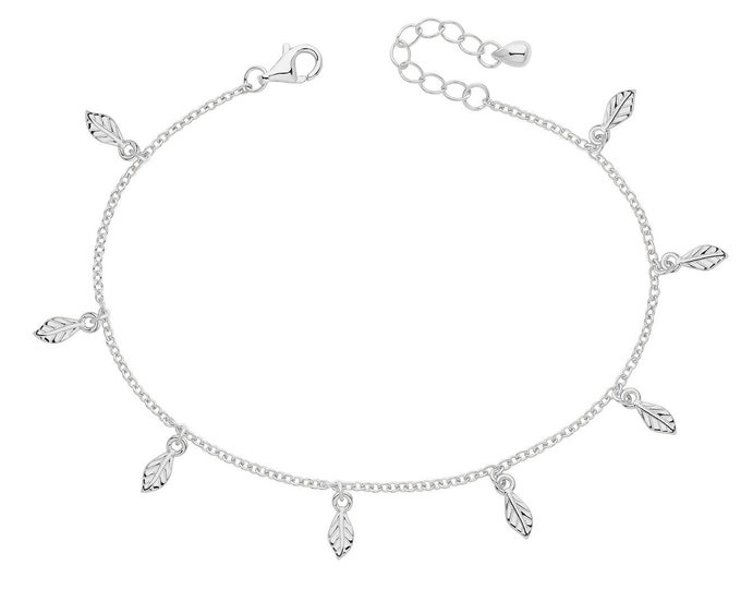 925 Sterling Silver Leaf Charms 7" Bracelet Rhodium Plated