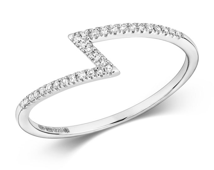 Ladies 9K White Gold 0.06ct Diamond Zigzag Ring - Real 9K Gold