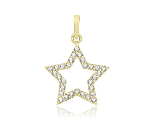 9ct Yellow Gold Cz Pave Set 12mm Open Star Design Charm Pendant - Real 9K Gold
