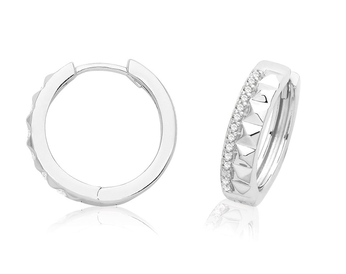 925 Sterling Silver 12mm Diameter Cz Stud Huggies Hoop Earrings Rhodium Plated