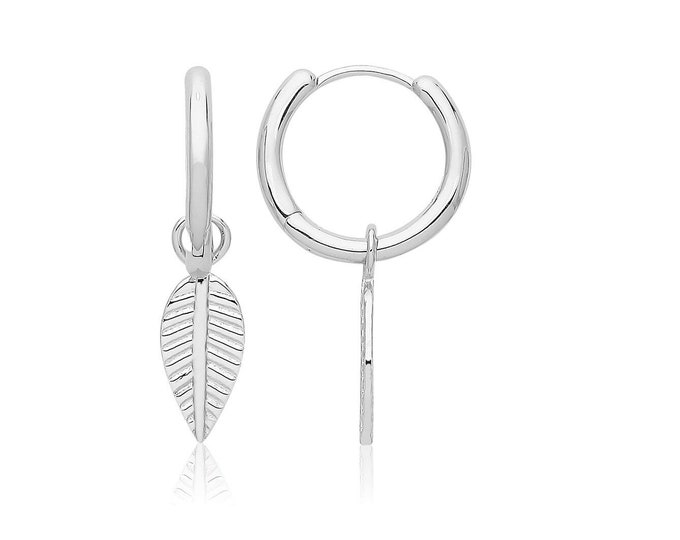 925 Sterling Silver 8mm Hinged Hoop Earrings With LeafDrop Charm Rhodium Plated