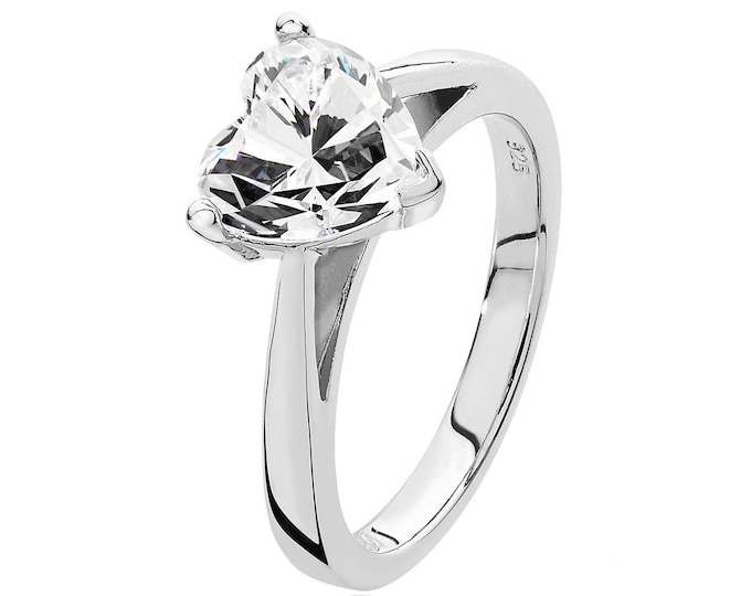 Rhodium Plated 925 Sterling Silver 3 Claw 8mm Solitaire Heart Shaped Cz Engagement Ring