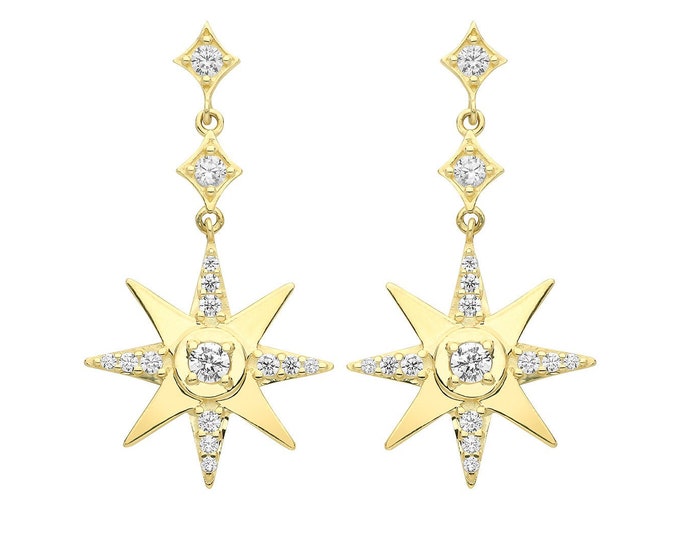 9ct Yellow Gold Pave Cz  Eight Point Star 2.5cm Drop Earrings - Real 9K Gold