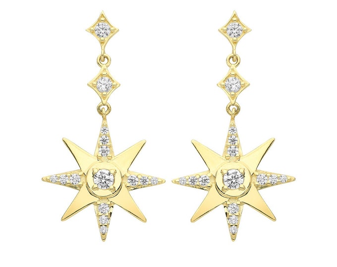 9ct Yellow Gold Pave Cz  Eight Point Star 2.5cm Drop Earrings - Real 9K Gold