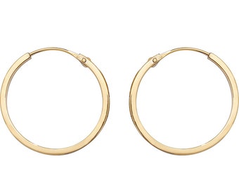 9ct Yellow Gold 14mm Diameter Hinged Threader Sleeper Flat Hoop Earrings - Real 9K Gold