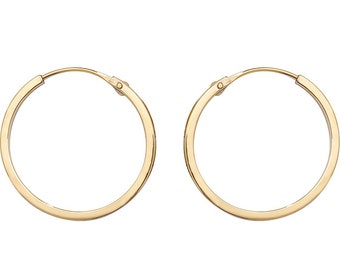 9ct Yellow Gold 14mm Diameter Hinged Threader Sleeper Flat Hoop Earrings - Real 9K Gold