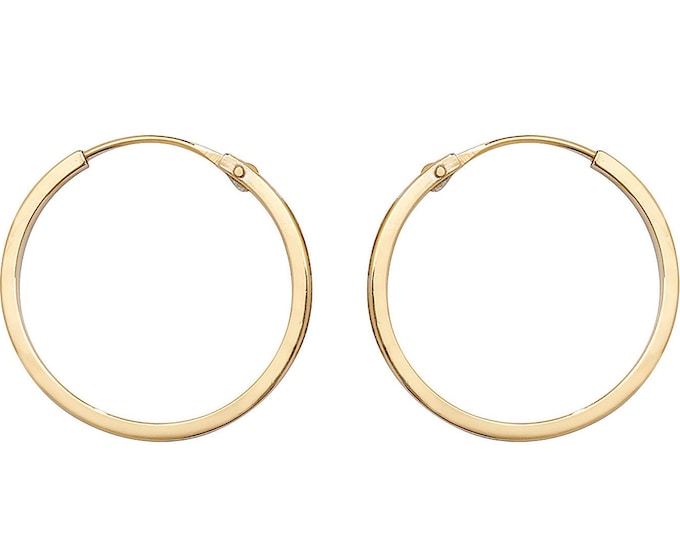 9ct Yellow Gold 14mm Diameter Hinged Threader Sleeper Flat Hoop Earrings - Real 9K Gold