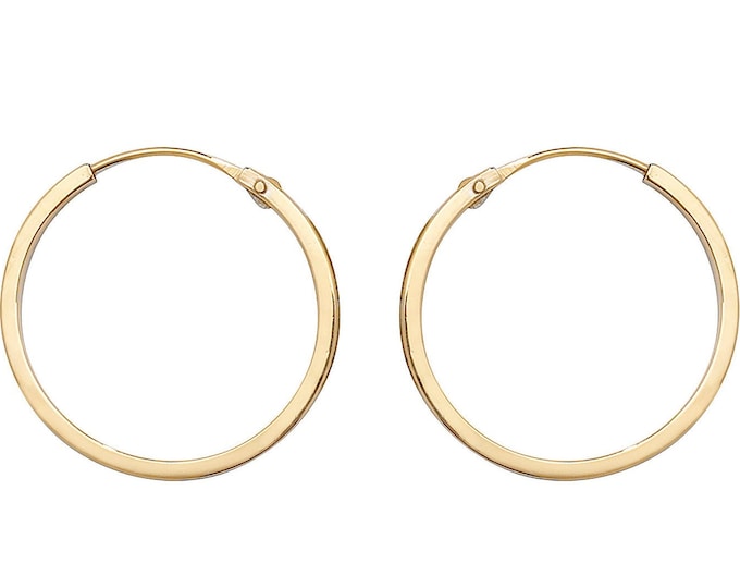 9ct Yellow Gold 14mm Diameter Hinged Threader Sleeper Flat Hoop Earrings - Real 9K Gold