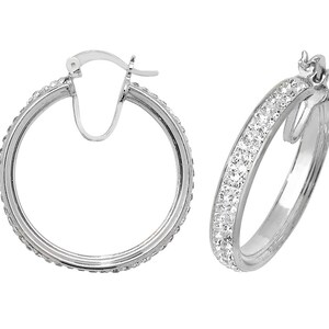 925 Sterling Silver Two Row 25mm Diamante Crystal Pave Set Hoop Earrings