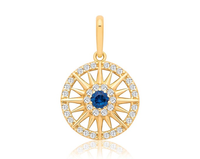 9K Gold 11mm Blue Cz Starburst Sun Charm Pendant