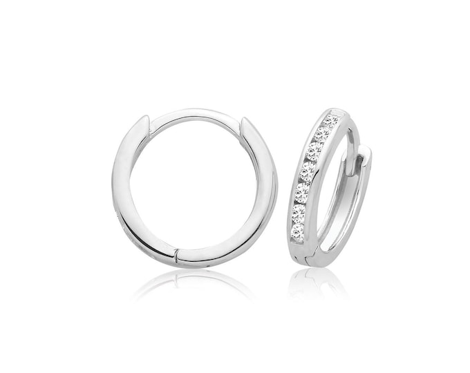 Sterling Silver 12mm Channel Set CZ Hinged Clicker Hoop Earrings