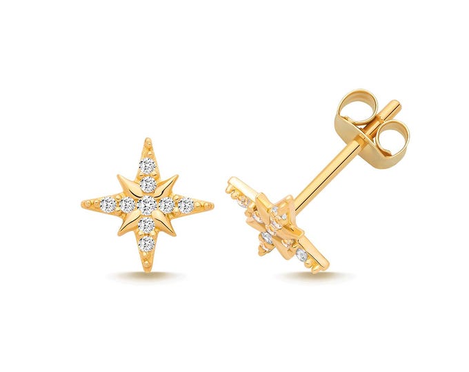 9K Gold 5mm 7mm Eight Pointed Cz Star Stud Earrings
