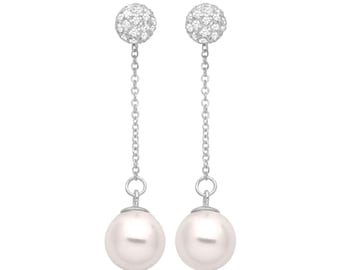 Pave Cz Ball & Shell Pearl 3.5cm Chain Drop Earrings Rhodium Plated 925 Sterling Silver